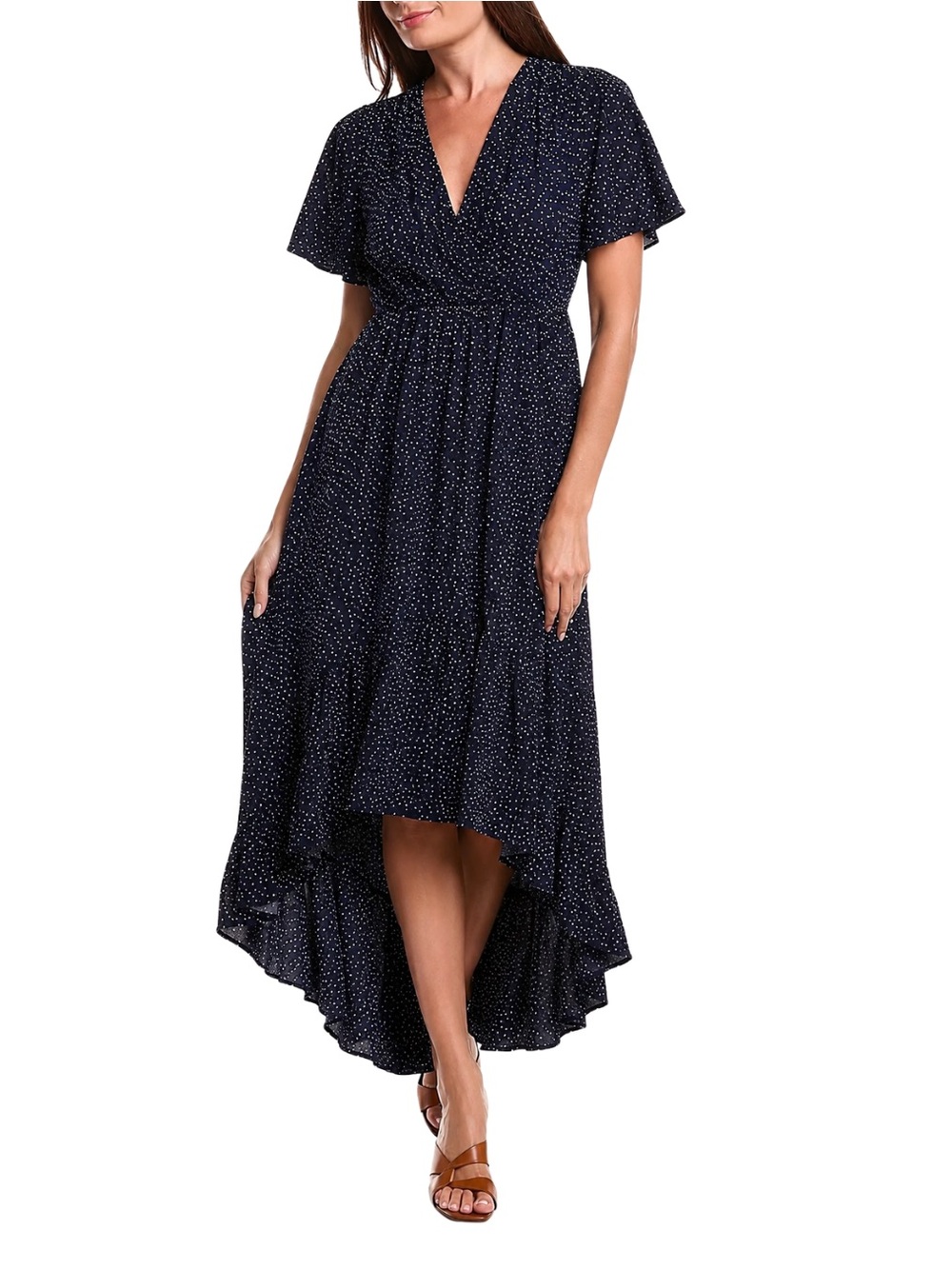 Hem & Thread Blue + Cream Confetti Dot High Low Hem Flutter Sleeve Maxi Dress, S
